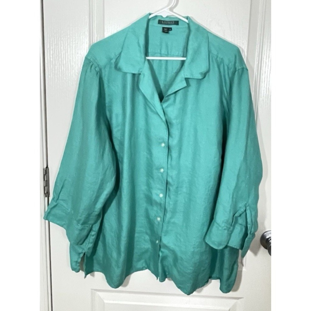 Lauren Ralph Lauren Linen Button Shirt 3X Green Relaxed Coastal Old Money